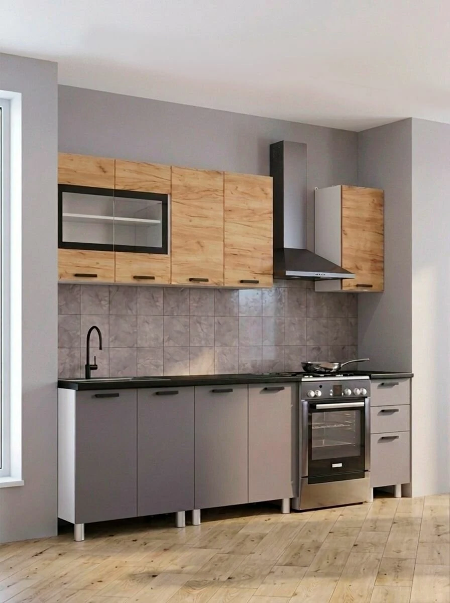 Кухонный гарнитур Крафт 2м графит/крафт со столешницей, ЛДСП